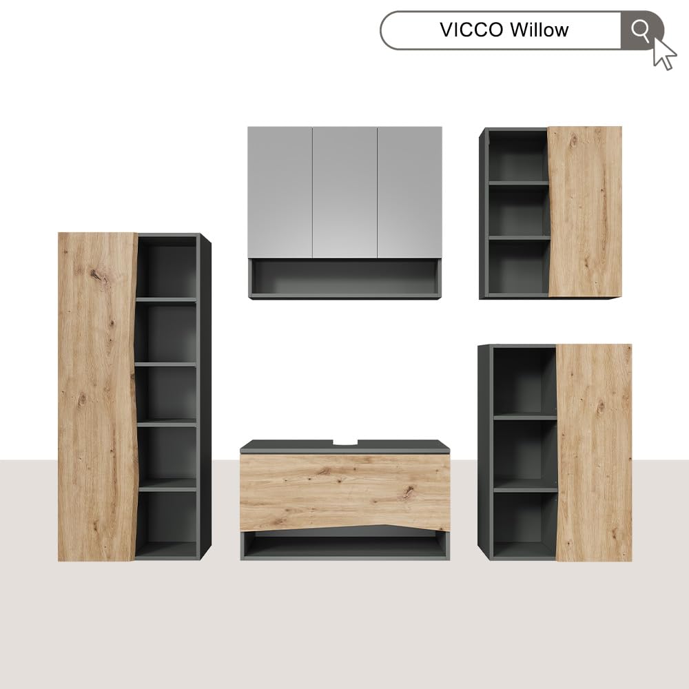Vicco Meuble Salle de Bain Willow, Chêne Artisan/Anthracite, 56x130cm avec 5 Compartiments Ouverts, adapté au Montage Mural et à différentes Tailles de Salle de Bain