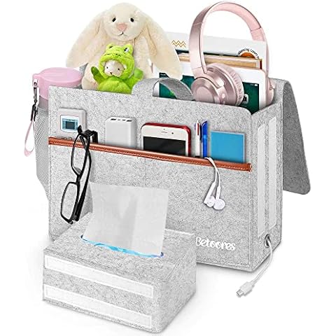 Betoores Bedside Caddy, Anti-Slip Bedside Storage Organizer, Multi-Attachment Bed Pocket Suitable for Magazines, Phone, iPad, Book, laptop, Remote, Glasses (Light Gray) Cover