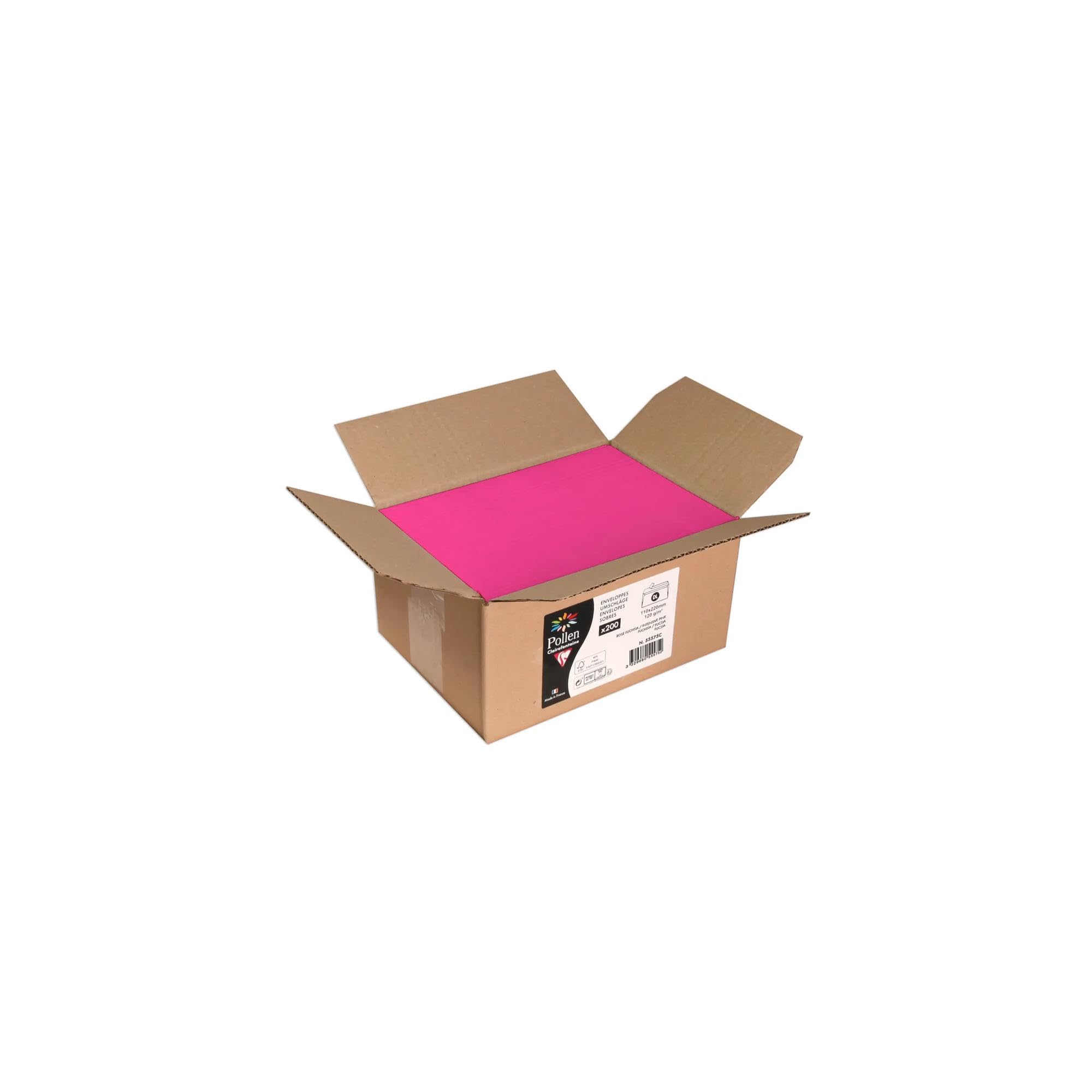 Clairefontaine 55575C - Confezione da 200 Buste autoadesive - Formato DL (11x22cm) - 120g/m² - Colore fucsia -Inviti eventi e corrispondenza- Gamma Pollen - Carta Premium Liscia