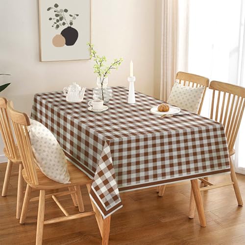 Image of Classic Brown and White Checkered 4 /6 Seater Table Cloth /Cover, 52 x 72 Inch, Buffalo Plaid Pattern, Rectangle Dining Table Cover