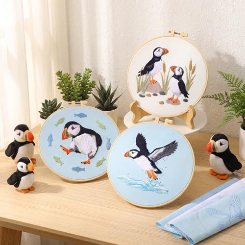 Image of Mindsoft 3 Set Needlepoint Kit for Beginners with Hoop,Sea Bird