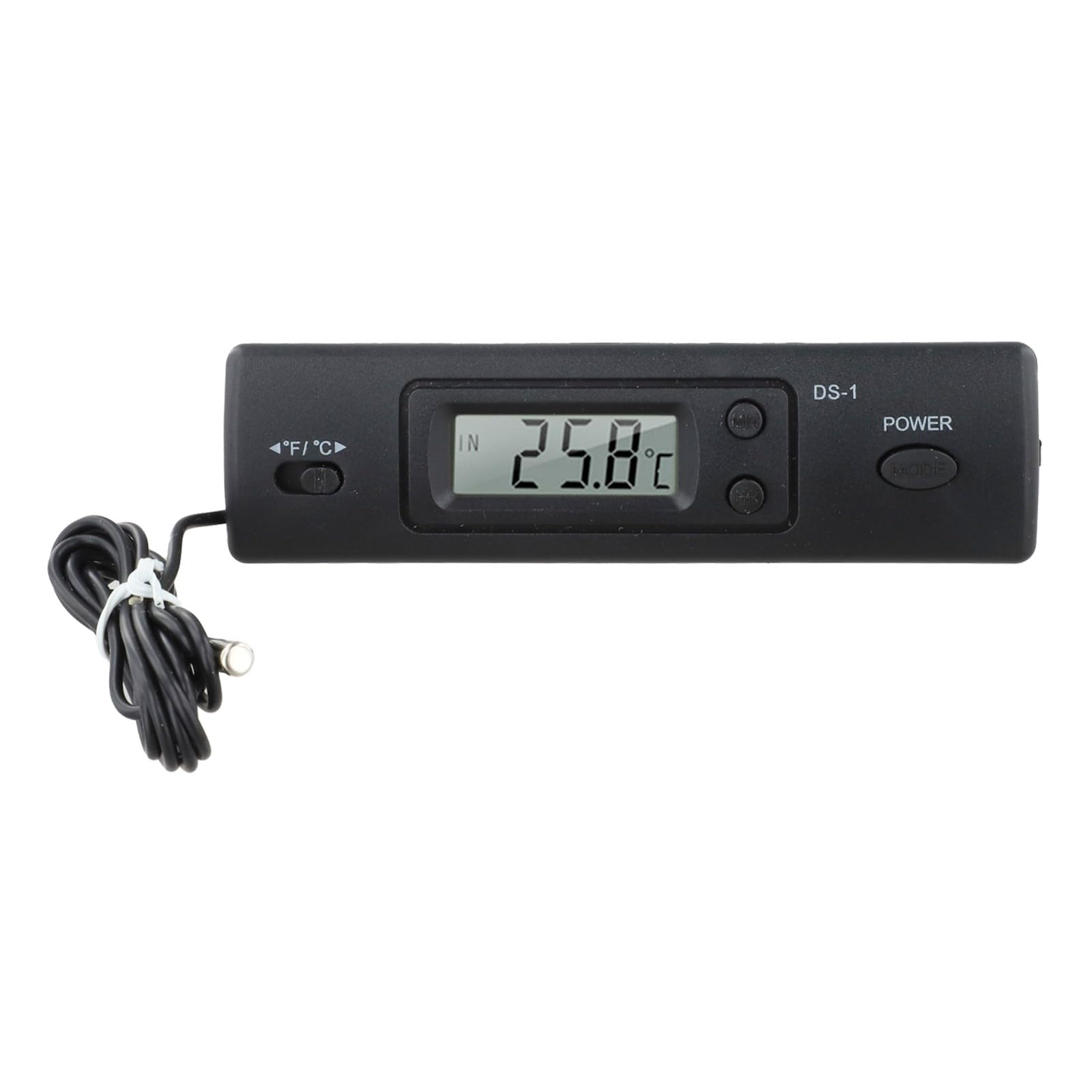 Termómetro digital de coche con sonda para temperatura interior y exterior - Pantalla LCD con reloj, cable sensor impermeable de 1 m, color negro (requiere 1 pila Nº 7)