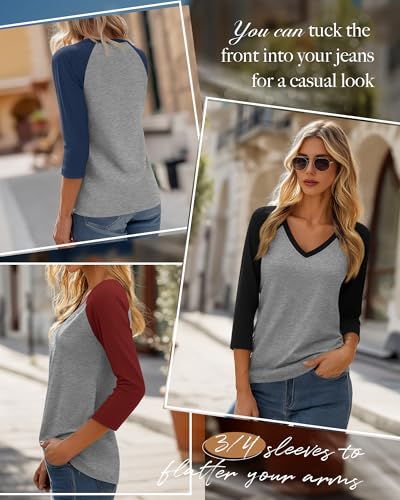3 Pack Women’s V Neck 3/4 Sleeve Shirts, Raglan Color Block Tees Baseball Style Loose Casual Tops3