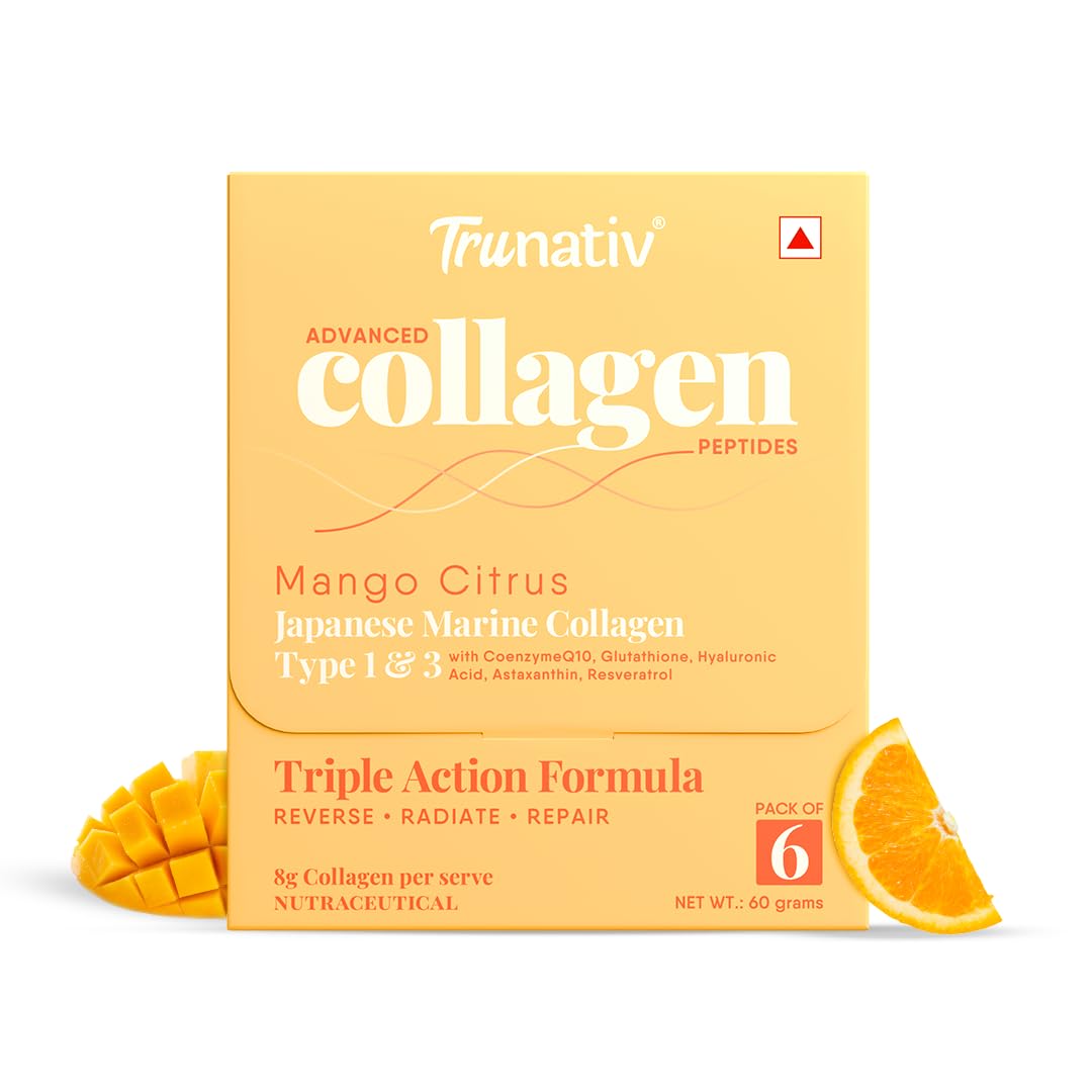Trunativ Collagen Supplements | Advanced Japanese Marine Collagen Powder for Women & Men | Type 1 and 3 Hydrolyzed Peptides | Supplement with Hyaluronic Acid | Supports Skin Glow, Hair Growth, and Nail Strength | Mango Citrus | 60g (Pack of 1)