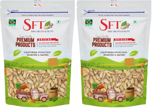 Image of SFT Pistachios Roasted & Salted, Pista, 200g California, Rich In Protein, Phosphorus, & Dietary Fibre, Premium Nuts & Dry Fruits, Shelled Nuts, Crunchy & Delicious Healthy Snack (Pack of 2)