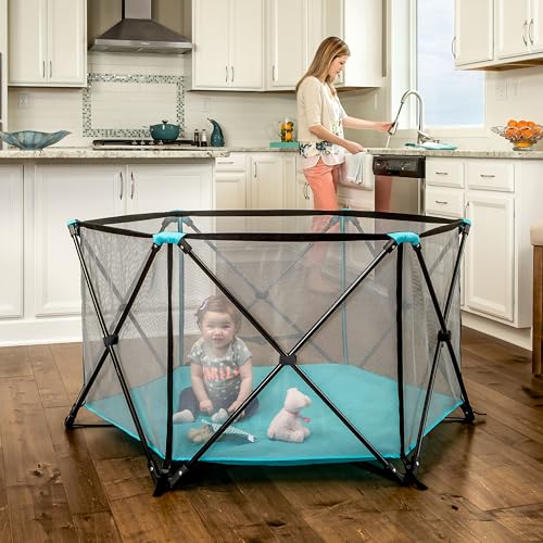 Image of Regalo Safety My Play Portable Baby Playpen & Play Yard, Foldable 6-Panel Indoor Outdoor Playpen for Babies & Toddlers, Mesh Sides, Washable Fabric, 48 inch, Aqua /Black