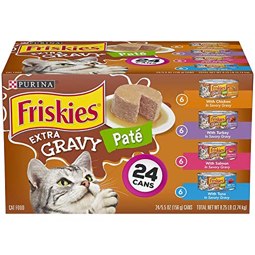 Purina Friskies Pate Wet Cat Food Variety Pack, Extra Gravy Pate Chicken, Turkey, Salmon & Tuna - (24) 5.5 oz. Cans (4 Pack (24 Cans))