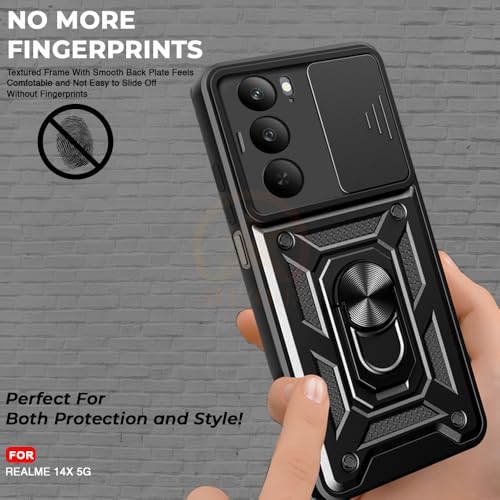 Image of Armor Bumper Back Cover Case for Realme 14X 5G Rotating Camera Cover, Ring Holder & Kickstand | Heavy Duty & 360 Degree Protection Realme 14X 5G Back Cover (Black)