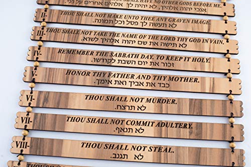 Olive Wood Gifts Shop Handcrafted ‘The Ten Commandments’ Plaque, (19.5*11.5 Inch, English/Hebrew), Kjv (Exodus 20:1-17) Wall Hanging Art Decor With Laser Engraving On Wooden Blocks From The Holy Land, Grain #TOP2
