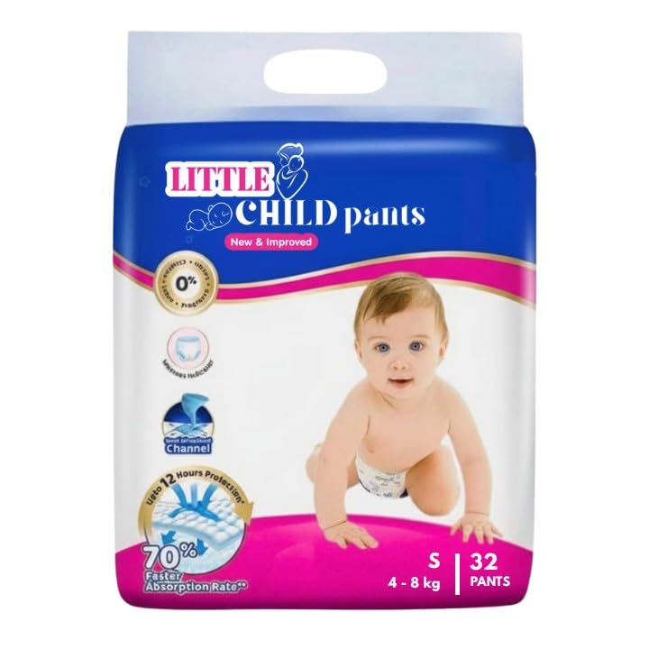 Image of Little Child|Happy Sleep Pant Style Baby Diaper |SIZE S- 32, Up to 50% Faster Absorption | All-Night Dryness & Comfort|White Colour|