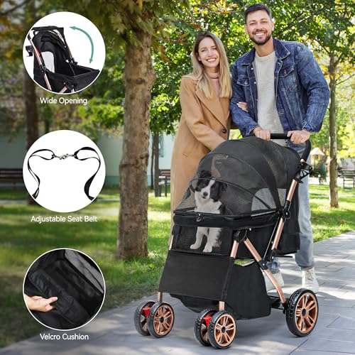 YITAHOME Hundebuggy Hundewagen klappbar für Hunde & Katzen, Haustierbuggy bis 22 kg mit umkehrbarem Griff, Netzfenstern, Getränkehalter, 360° drehbare EVA-Räder mit Bremsen (Schwarz)