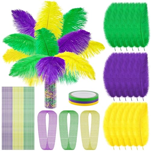 JULBEAR Mardi Gras Colorful Feathers Decorations 30 Pcs 8-10 & 10-12 Inch Purple Gold Green Ostrich Feathers and 18 Necklaces for Mardi Gras Table Centerpiece Carnival Masquerade Party Decor