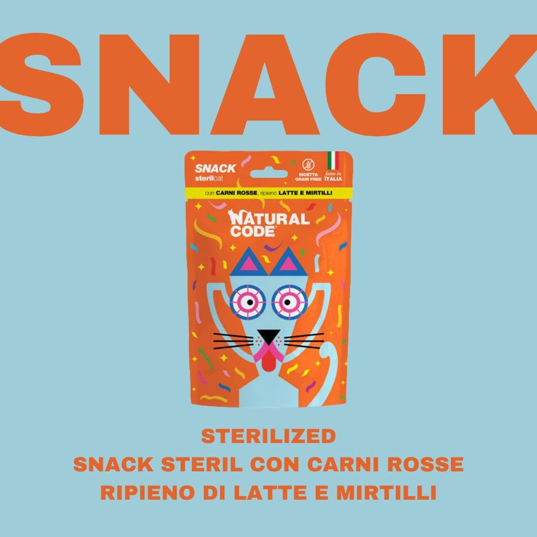 Natural Code Snack Gato, snack para gatos esterilizados de todos los tamaños rellenos con carnes rojas, leche y arándanos | 3 paquetes de 60 gramos cada uno.