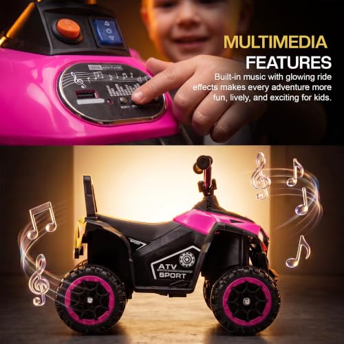 Image of Baybee Monstro Baby Electric Bike for Kids | Rechargeable Balance Bikes with LED Lights, USB, Music & Backrest | Beach ATV Dirt Bikes, 6V Battery Operated Kids Bike for 2-5 Year Boy Girl (Pink)