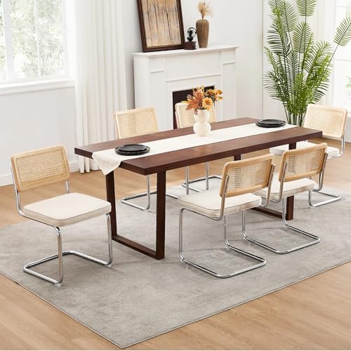 Zesthouse Natural Rattan Dining Chairs Set of 6, Mid Century Cane Dining Room Chairs with Solid Wood Back & Chrome Base for Kitchen, Breuer Design Inspired, Upholstered Linen Fabric, Beige