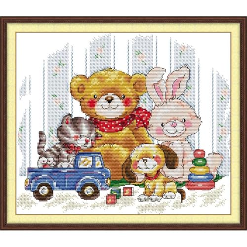 Image of JOYSEWING Bear Stamped Kits Cross Stitch Kits Beginners Embroidery 11CT Needlepoint Kits Counted Patterns Embroidery DIY Home Decoration Cute Animals - (Good Friends (Printed)) 17.3x15.4 inch