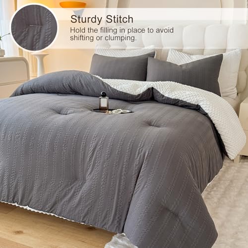 Image of tohrisa Boho Comforter Set Full Size Striped Pleats Bohemian Seersucker Bedding Set All Season Soft Cozy 3 Pieces Quilt with 2 Pillowcases(80 inchX90 inch Dark Grey)