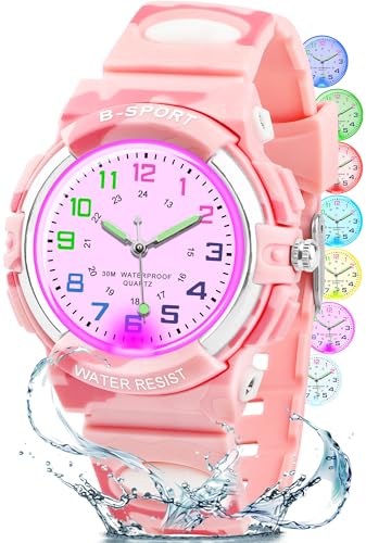 DTKID Kinderuhr Junge Mädchen, 7-Farben Armbanduhr Kinder Analoge, 3ATM Wasserdicht, Leicht Ablesbare Uhrzeit,Kinder Uhren Für 5-16 Jahren