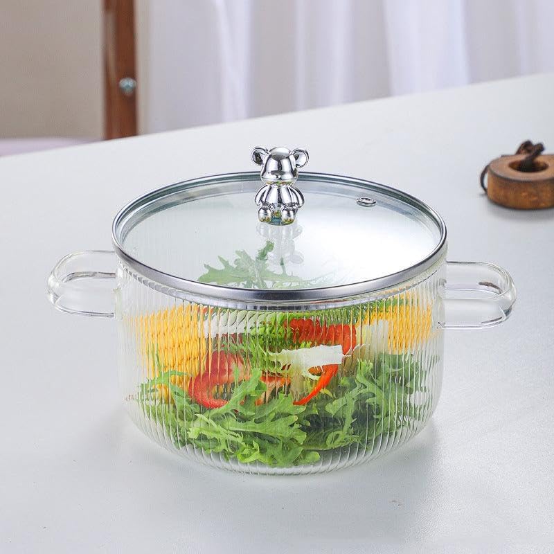 VAGHASIYA ENTERPRISE 1.6 Liters Heat-Resistant Stovetop Non Stick Cooking Pot with Glass Lid, Clear Glass, High Borosilicate, Stew Soup Pot, Pack of 1