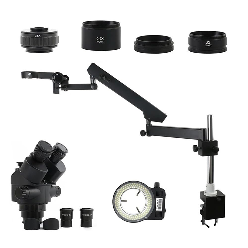 Microscope 3.5 7X-45X 90X Simul Focal Parfocal Trinocular Stereo Microscope 144 LED Light Articulating Arm Pillar Clamp for Lab Repair, 25MM Column/ 32MM Column ?Optional?(32MM)