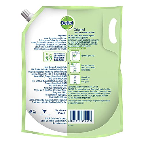 Image of Dettol Liquid Hand wash Refill Original -1500 ml and Dettol Disinfectant Multi-Purpose Liquid Lime Fresh- 500 ml