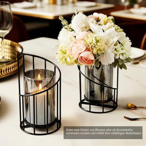 2 Stück Windlicht Schwarz Wohnzimmer Deko, Kerzenständer Schwarzem Metall mit Glasglocke, Höhen 20cm & 16cm, Dekorative Kerzenhalter Schwarz für Wohnzimmer, Esstisch & Terrasse – Bild 2