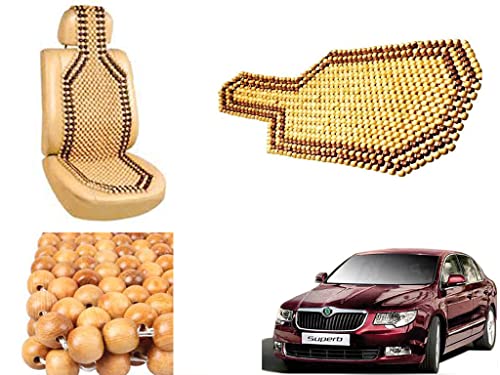 Image of Car Bead Seat Wooden Beads Cushion Cover Pad for Skoda Superb, Acupressure Sitting Seat Cover | Cream Color - Pack of 1