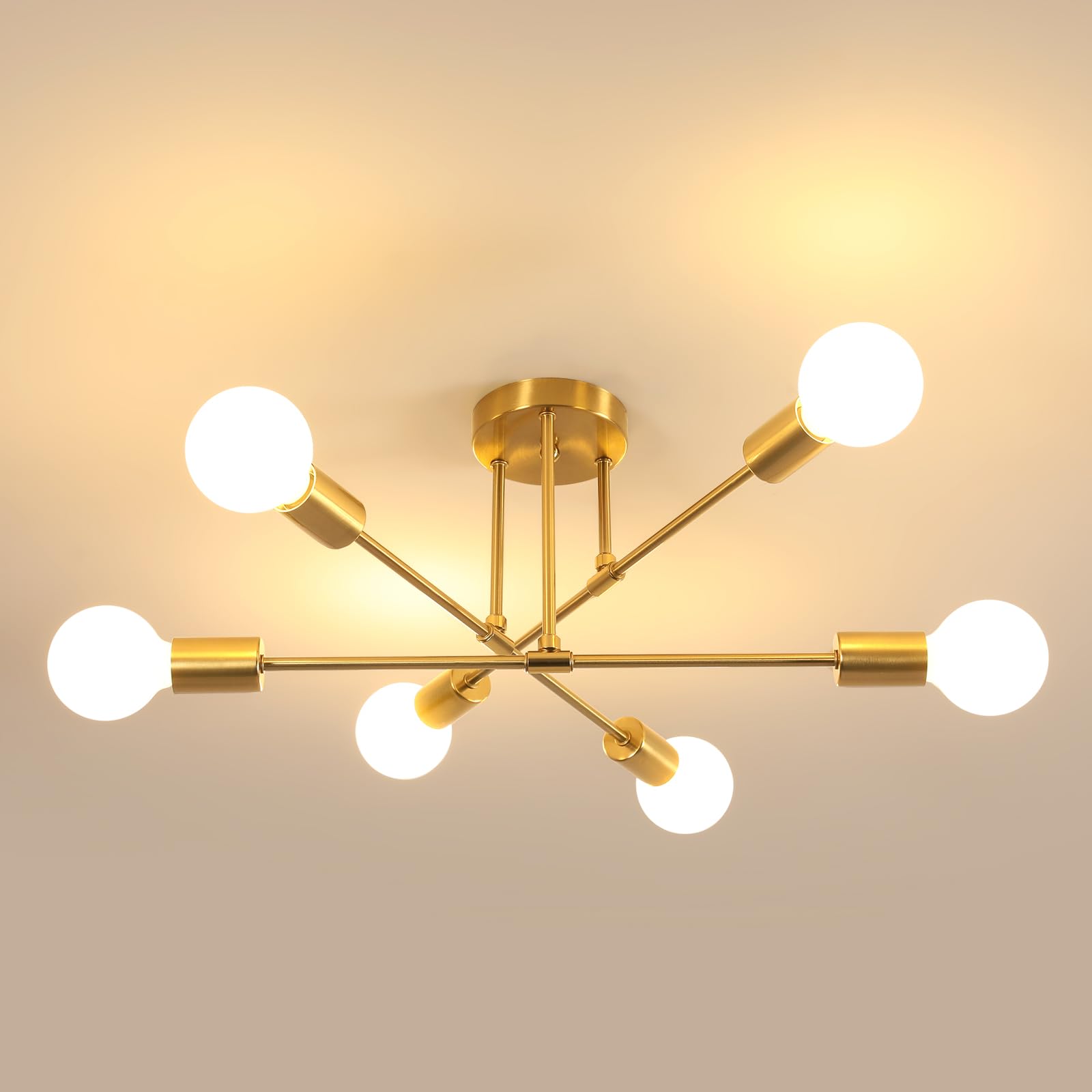 Goeco Lámpara De Techo Vintage, Ø 60 cm Lámparas Colgantes Bombilla E27 de 6 Luces, Plafon de Techo Industrial Dorada para Salón Dormitorio (No Incluidas Bombillas)