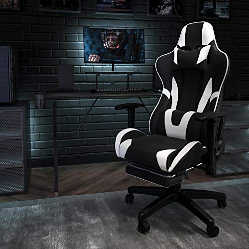Flash Furniture X30 Gaming Chair Racing Office Ergonomic Computer Chair with Fully Reclining Back and Slide-Out Footrest in Black and White LeatherSoft