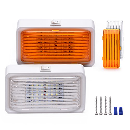 MICTUNING LED RV Porch Light with Switch, 12V 280 Lumen Exterior Utility Replacement Lighting for RVs, Trailers, Campers, White Base, Clear and Amber Lenses, 2-Pack