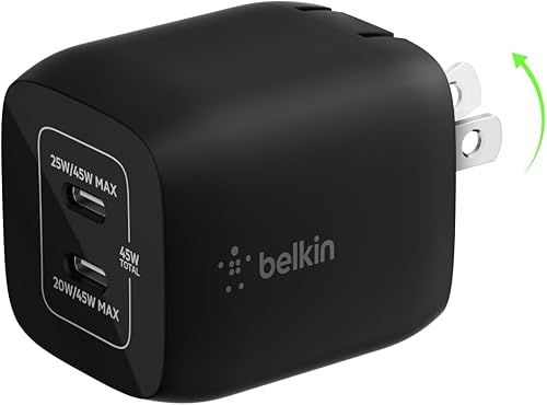 Belkin Bloque de cargador USB C dual de 45 W, PD3.0 con GaN - Carga súper rápida - Samsung Galaxy S25, Apple iPhone 17, Air, Pro, Pro Max, iPad,