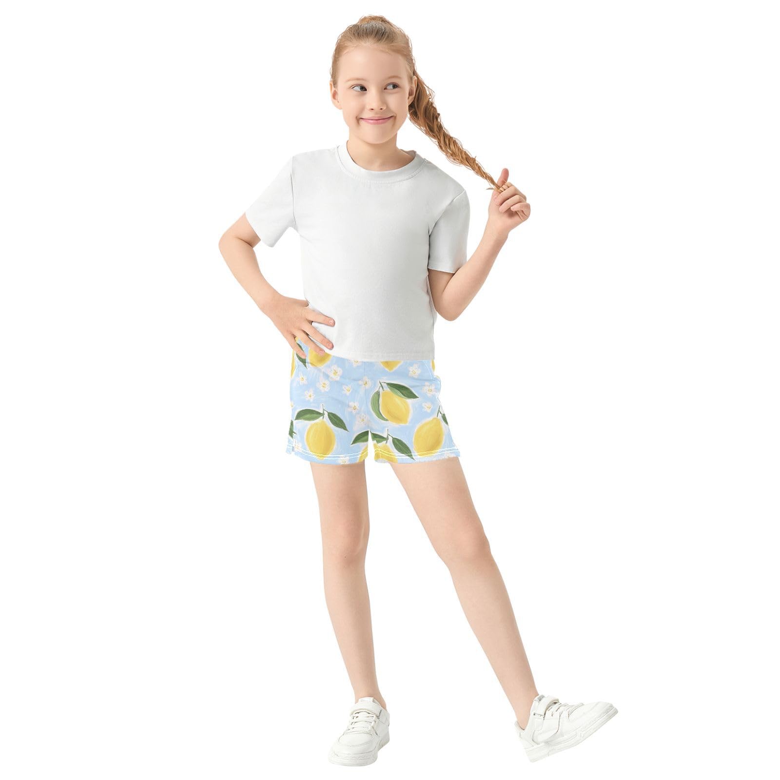 pnyoin Girl's Shorts Watercolor Lemon Floral Athletic Running Shorts with Pockets Size 9-10t
