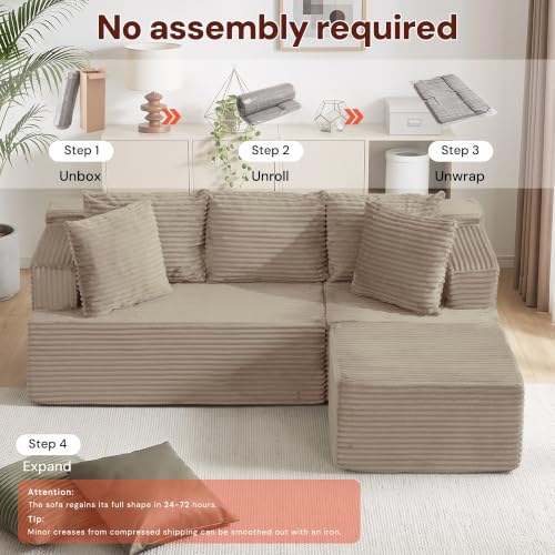 Image of Korser Boneless Couches for Living Room, Cloud Couch Sectional with Ottoman, L-Shaped Sofa with Fluffy Comfy Corduroy Deep Seat, Bedroom, Apartment, No Assembly Required
