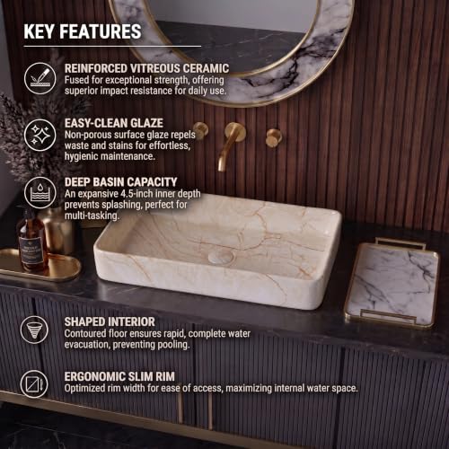 Image of Wash Basin Countertop | Tabletop Ceramic Bathroom Sink | Wash Basin Over Counter | (24 x 14 x 5 Inch) (Designer Cream)