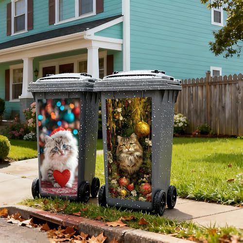 Image of 2 PC Trash Can Sticker 14.57 x 32.28 Inch Fluffy Kitten Christmas Vinyl Sticker with Santa Hat Red Heart Gold Ornament Pine Garland for Outdoor Garbage Bin Garden Yard Decor