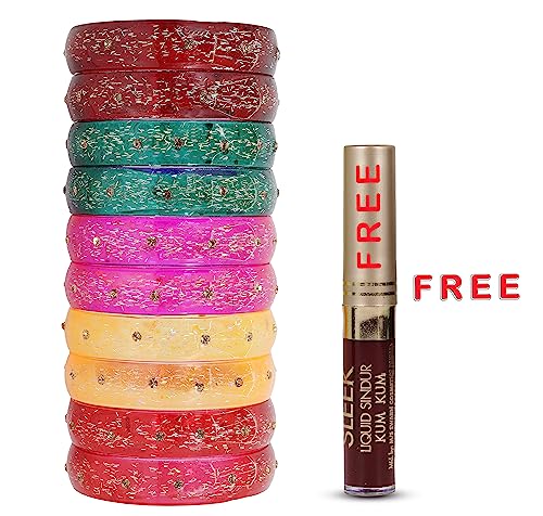 Image of NMII Glass with Glitter and Feather Design Glossy Finished Multicolor Kada Set For Girls and Women