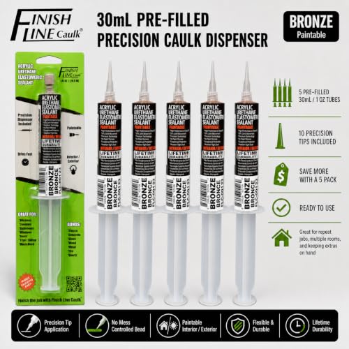 Image of Finish Line Caulk 30mL Pre-Filled Precision Caulk Applicator Bronze 5-Pack | Clean, Controlled Application with Less Mess and Rework