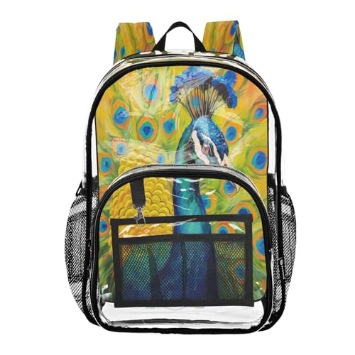 Peacock Oil Painter Clear Backpack - Stadium Approved Large 15.7-inch Waterproof Transparent Bag for Sports, Concerts, Work, Travel#348