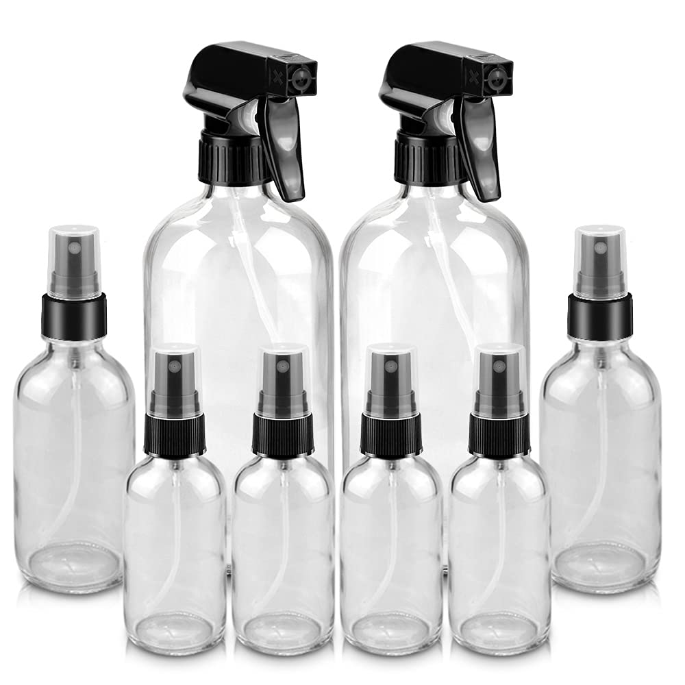 Worldgsb Glass Spray Bottles, 16oz*2+4oz*2+2oz*4 Refillable Containers, Empty Boston Round Bottles with Adjustable Nozzle for Cleaning, Gardening,