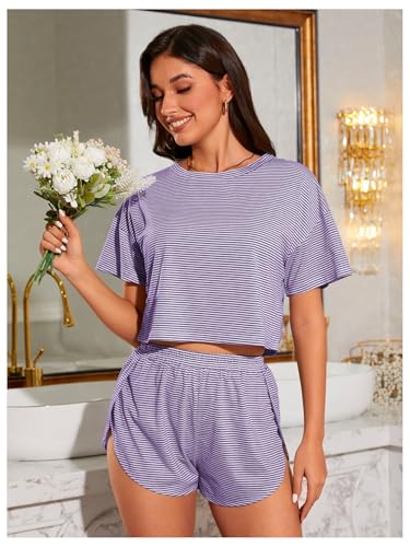Image of OYOANGLE Womens Pajama Sets 2 Piece Sexy Lounge Sets Summer Cute Pjs Striped Print Tee and Side Split Shorts Set