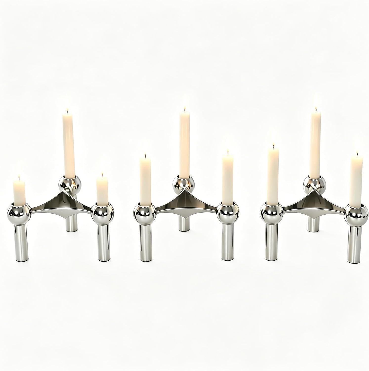 Modular Stackable Taper Candle Holder, Abstract Art Splicable Metal Candlestick, Decorative Table Centerpiece Home Decor Ornament in Black Gold Silver (Silver, M, 3)
