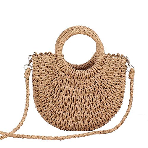 Shoulder Bags Handmade Half-Round Rattan Woven Straw Bag Summer Women Messenger Crossbody Bags Beach Handbag(Brass) - Main Image