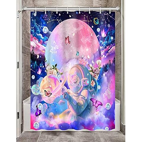 Gdmoon Funny Astronaut Shower Curtain Cute Butterfly Starry Sky Moon Fantasy Galaxy Stars Outer Space Planet Bathroom Curtains with 12 Hooks, 60x72in, Pink Purple, YLRLGD1341 Cover