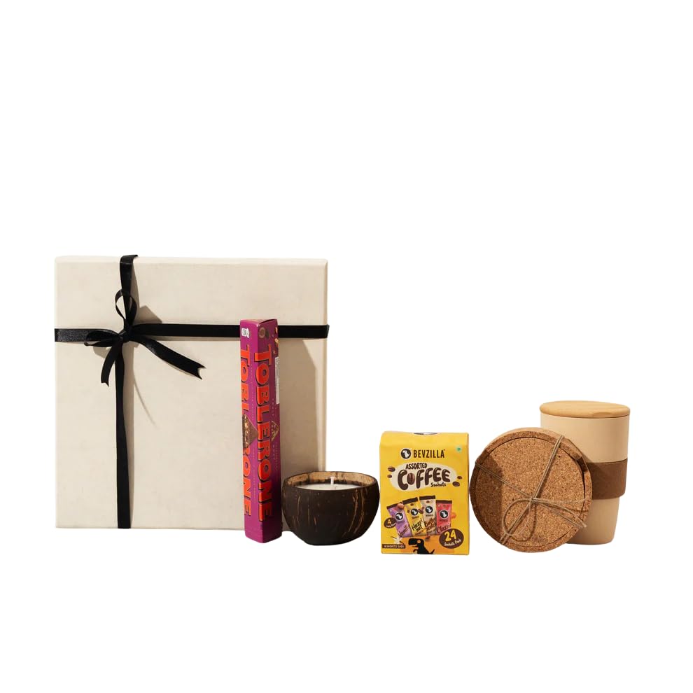 The Bamboo Bae Cork & Cocoa Hamper Gift Set with Reusable Coffee Cup, Coconut Candle, Cork Coasters, Assorted Coffee Sachets