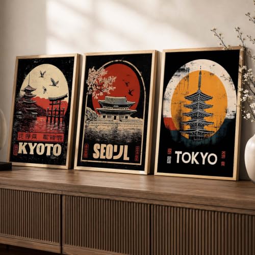 Image of kotart Japanese City View Wall Framed Posters | Aesthetic Japan Theme City View Framed Poster for Living Room Bedroom Gaming Room Studio Wall Decor Set Of 3 (20x30 Inch)