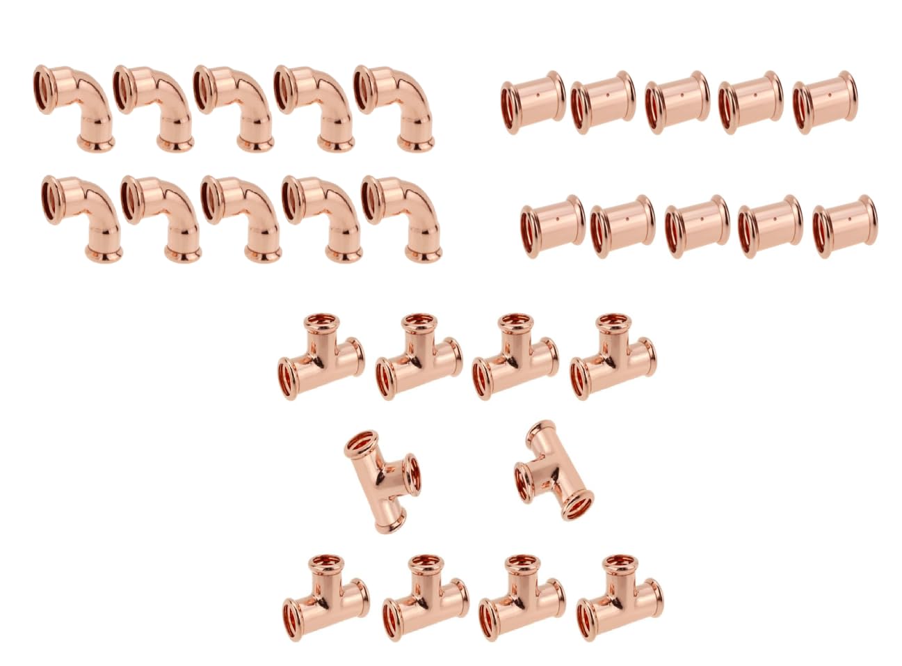 15mm Press Fit Fittings Set – 10x Straight Couplers, 10x 90 Degree Elbows, 10x Equal Tees, M-Profile WRAS Approved