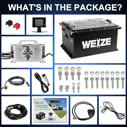 Image of WEIZE 36V(38.4V) 105Ah Golf Cart Bluetooth Lithium Battery (Replace 6x6V GC2) with 25A Lithium Charger & LCD Display, Grade A Cells, 200A BMS, 600A Peak Discharge LiFePO4 Battery for Golf Carts