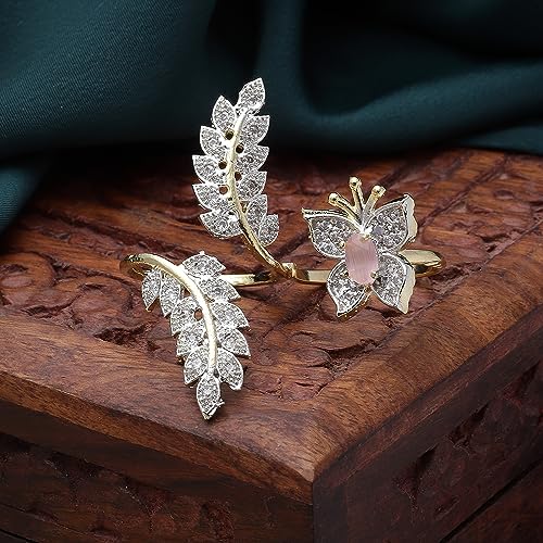 Gold-Plated Butterfly & Leaf AD Double Finger Ring