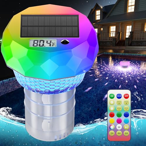 Solar Pool Chlorine Floater with Thermometer: Floating Chlorine Dispenser for Pool Remote-Control Pool Light Waterproof for Outdoor Swimming Above Ground Pool Hot Tub Spa Party