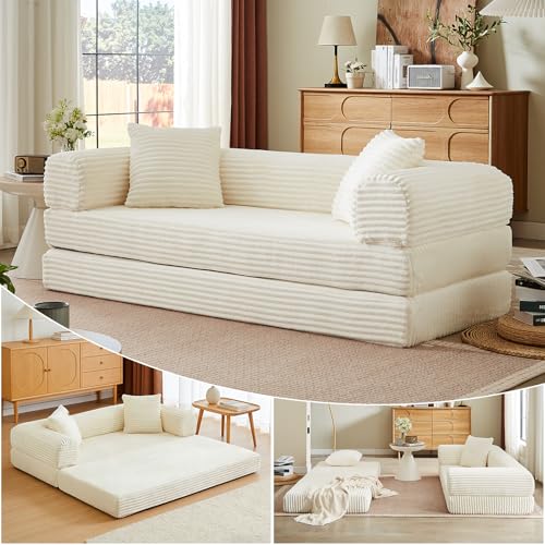 Image of 78 Inch Convertible Futon Sofa Bed,Folding Boneless Couch with Sleeper Sofa,Fold Out Floor Sofa Couch with Deep Seat,Cloud Corduroy Foldable Mattress Couches for Living Room(Off White)